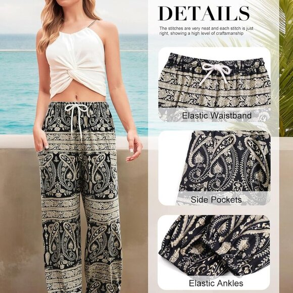Women's Harem Pants, Hippie Palazzo Pants Boho Joggers Yoga Clothes with Pockets - Picture 4 of 8